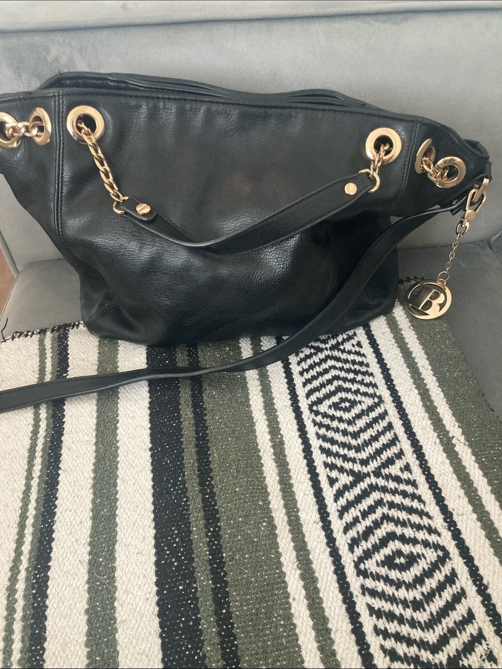 Black Leather Shoulder Bag with Gold Chain Accents